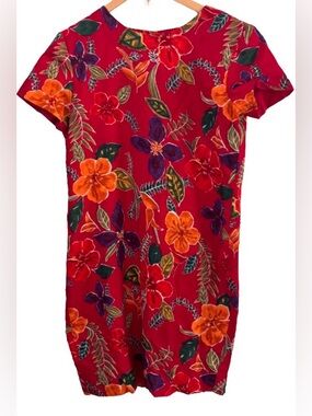 Liz Claiborne VTG 100% linen red & multi tropical flrl S/S lined shth drss WM 12